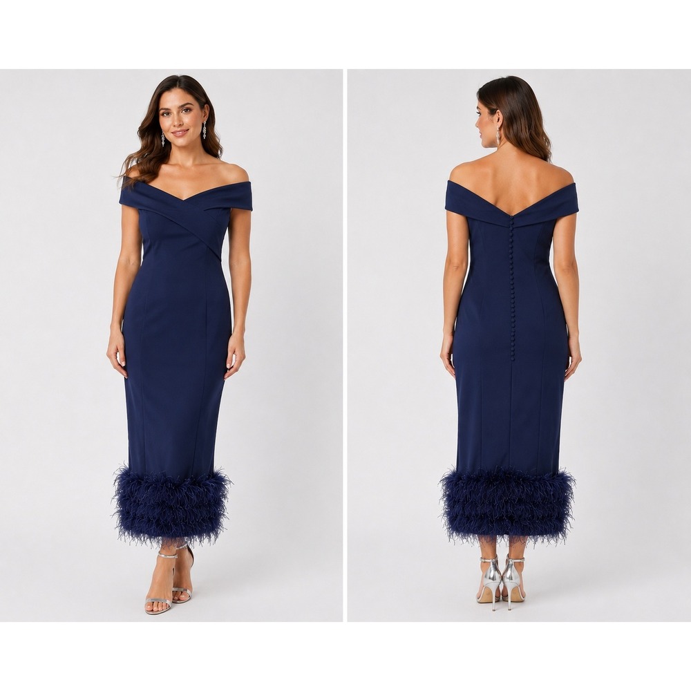 Likely Navy Feather Trim Off Shoulder Cocktail Dress Womens S Blue Bodycon Party